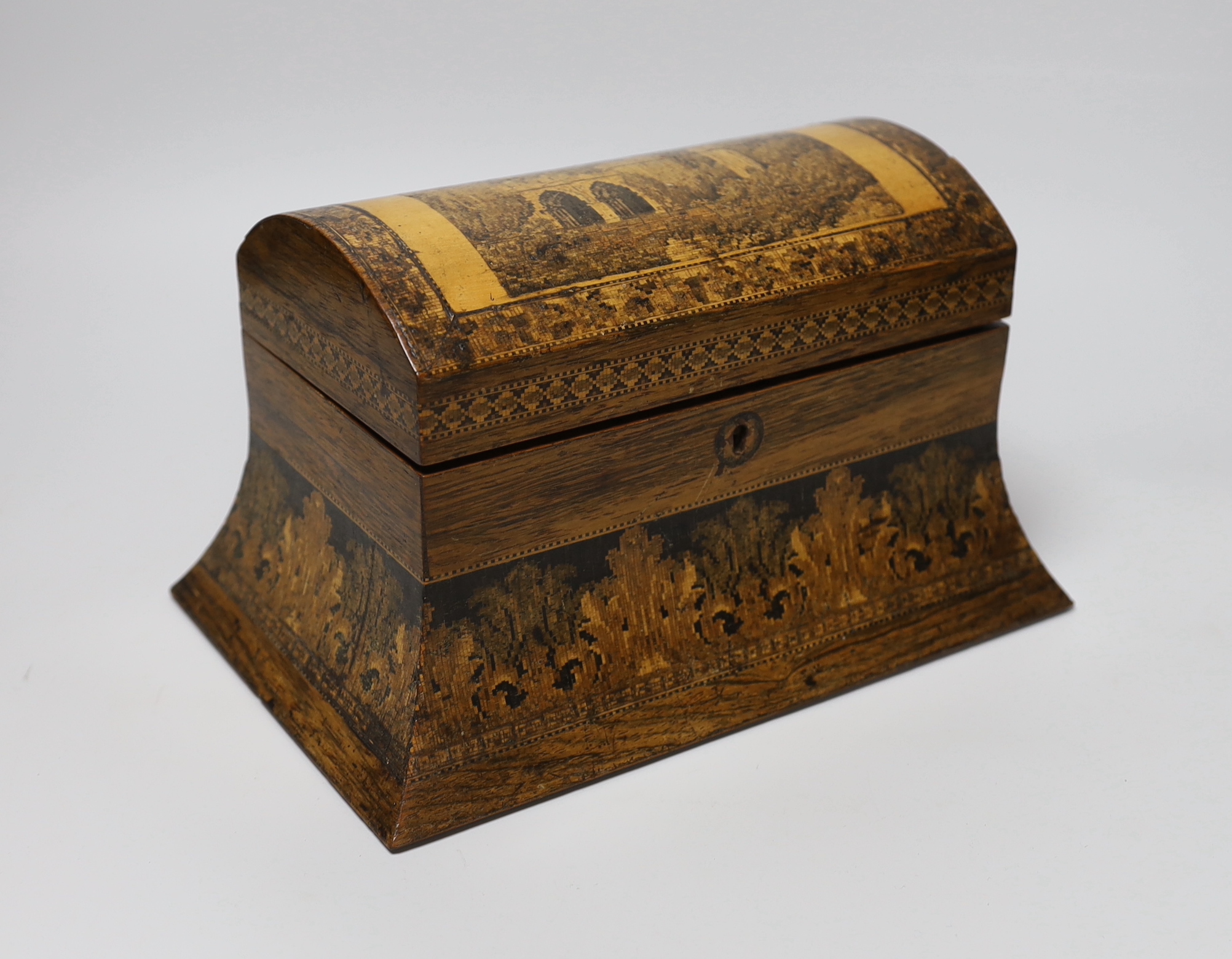 A 19th century Tunbridge ware rosewood tea caddy depicting Bayham Abbey ruins, and a bookslide with a rare view of the Pantiles and Shakespeare’s house, 39cm wide